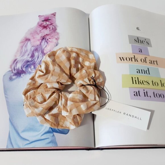 NWT Loeffler Randall mustard gingham scrunchie hair tie - Picture 4 of 9